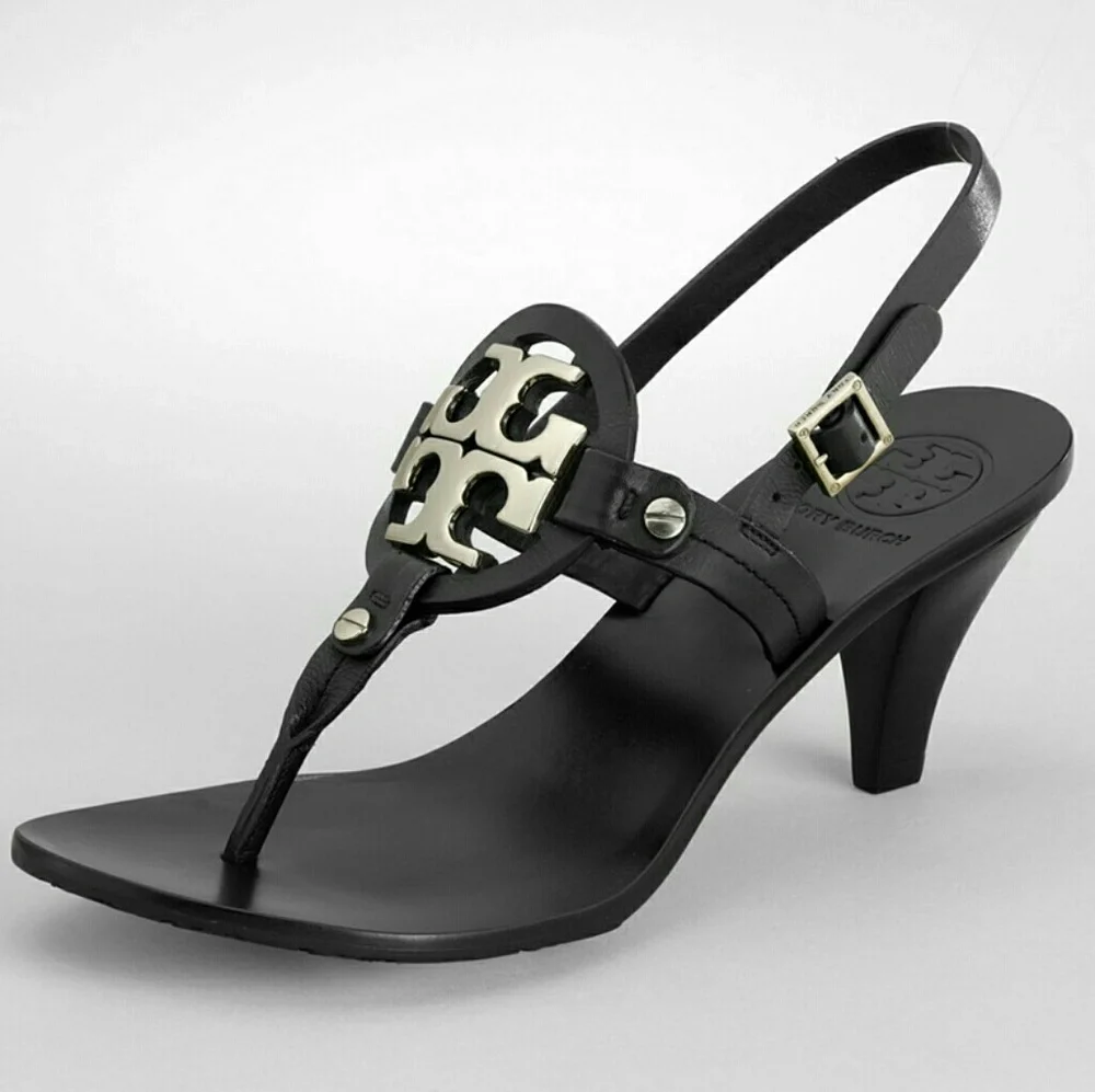 Tory Burch Holly 2 Black Leather Silver Emblem Slingback Heels Sandals S…